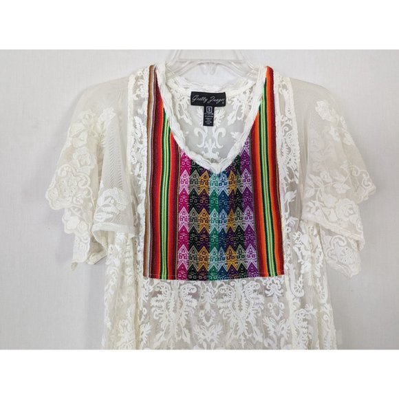Gretty Zueger Tunic womens Sz S White Bohemian Southwest Lace Sheer colorful - Picture 3 of 9
